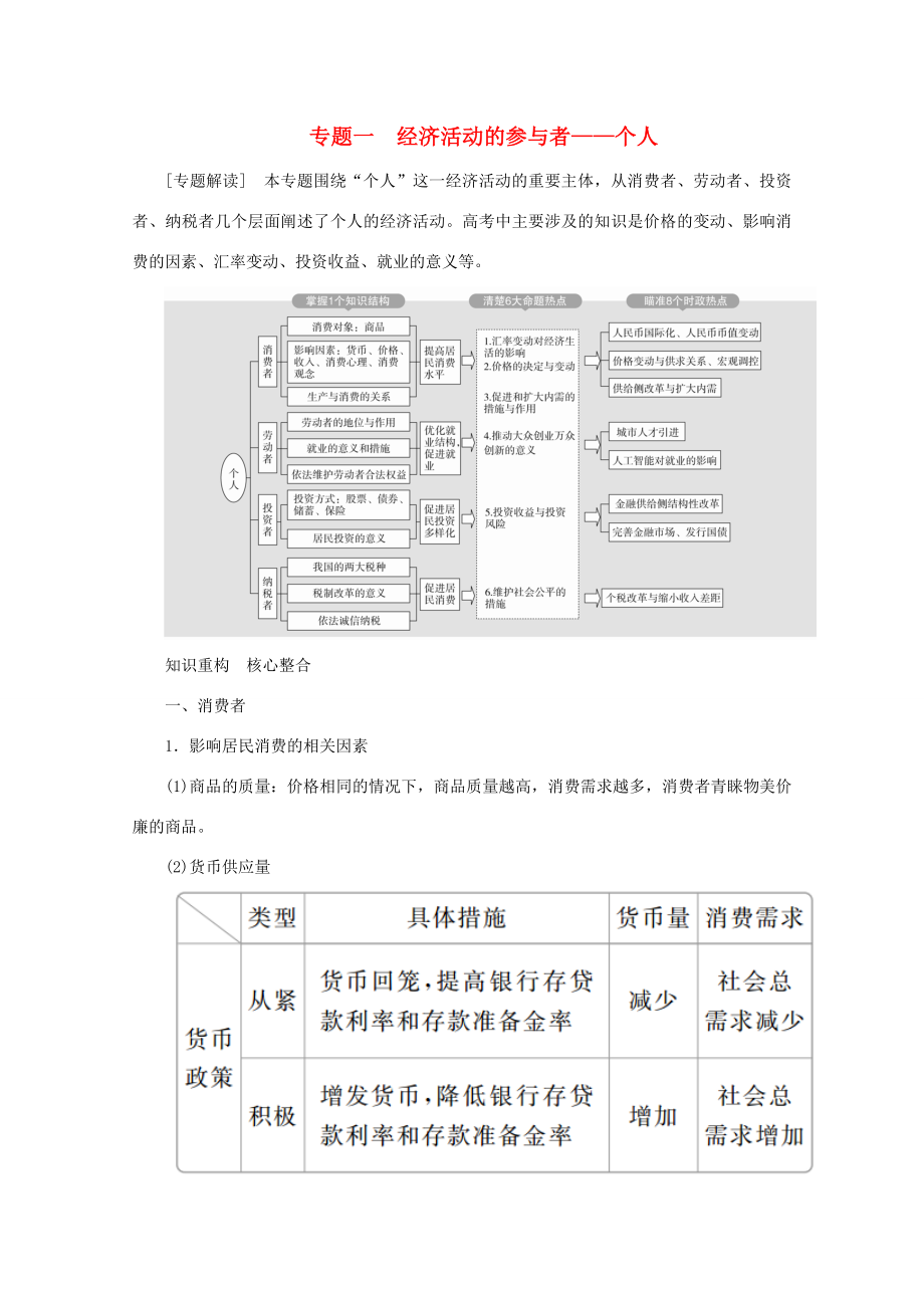 高考政治二輪復(fù)習(xí) 專題培優(yōu)第一編 專題一 經(jīng)濟(jì)活動的參與者——個人作業(yè)（含解析）-人教版高三政治試題_第1頁