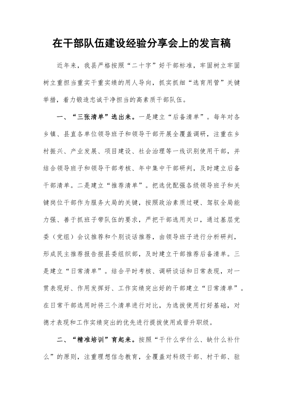 在干部队伍建设经验分享会上的发言稿_第1页