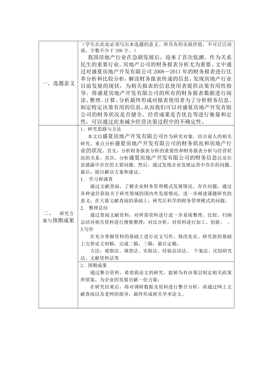 盛夏房地产开发有限公司财务报表分析研究会计财务管理专业开题报告_第1页