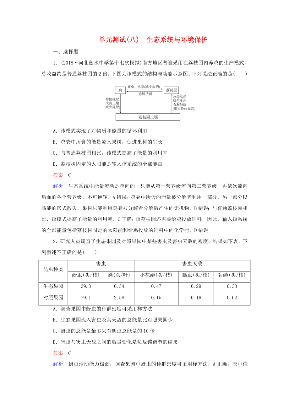 高考生物一轮复习 第一编 考点通关 单元测试（八）生态系统与环境保护（含解析）-人教版高三全册生物试题_第1页