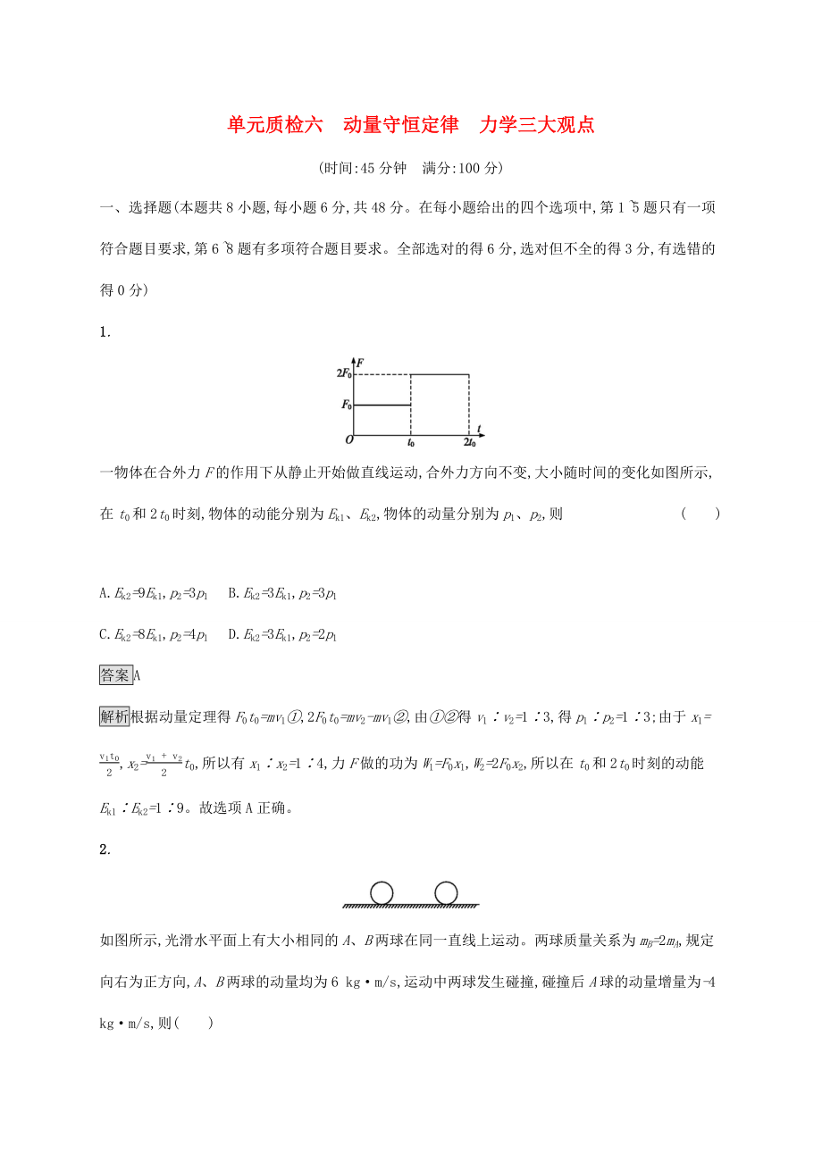 高考物理大一輪復(fù)習(xí) 單元質(zhì)檢六 動(dòng)量守恒定律 力學(xué)三大觀點(diǎn) 新人教版-新人教版高三全冊(cè)物理試題_第1頁