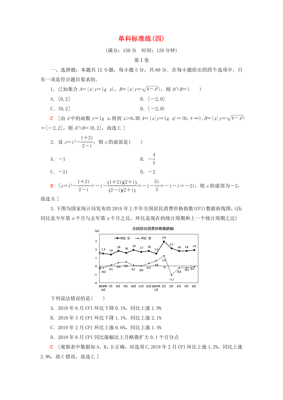 高考數(shù)學二輪復習 單科標準練4 理-人教版高三數(shù)學試題_第1頁