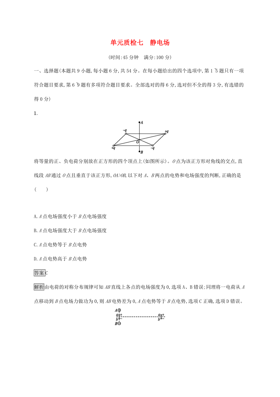 高考物理大一輪復(fù)習(xí) 單元質(zhì)檢七 靜電場 新人教版-新人教版高三全冊物理試題_第1頁