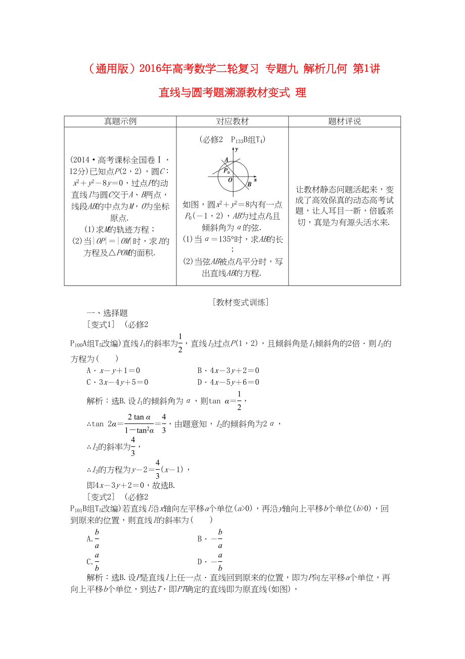 高考数学二轮复习 专题九 解析几何 第1讲 直线与圆考题溯源变式 理-人教版高三数学试题_第1页