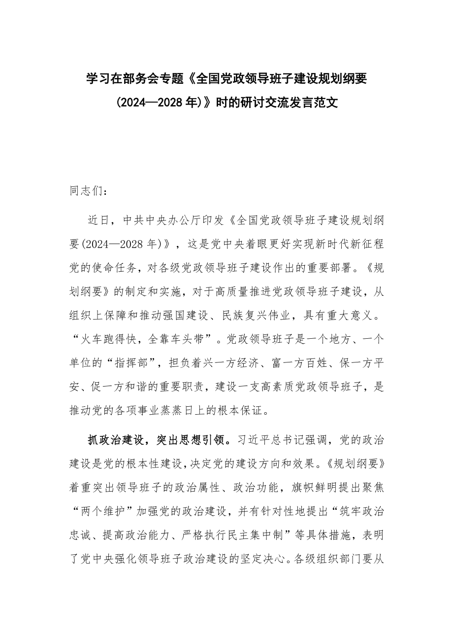 学习在部务会专题《全国党政领导班子建设规划纲要(2024—2028年)》时的研讨交流发言范文_第1页