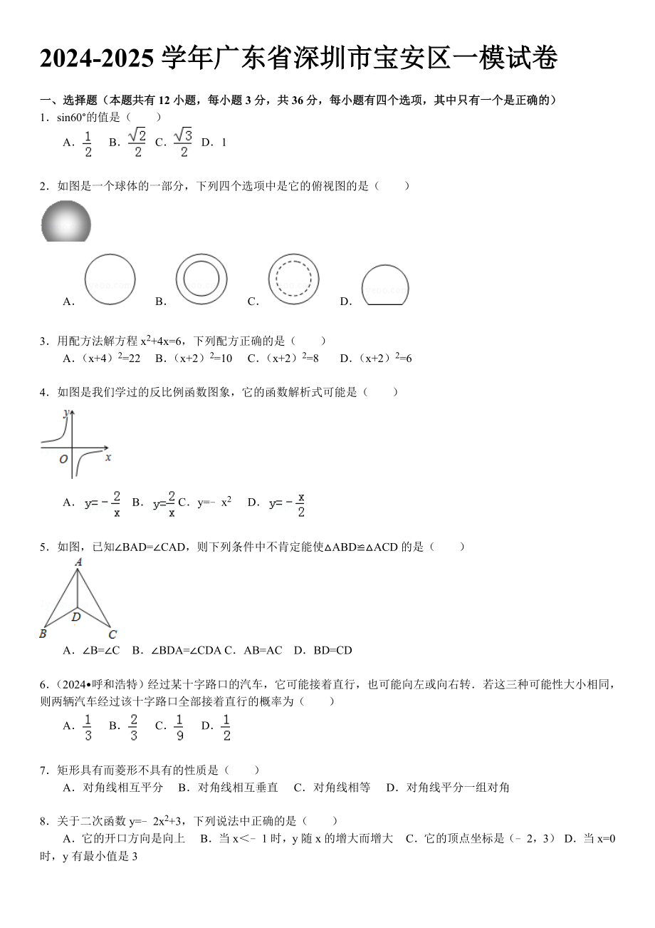 2024-2025學(xué)年廣東省深圳市寶安區(qū)一模數(shù)學(xué)試卷_第1頁