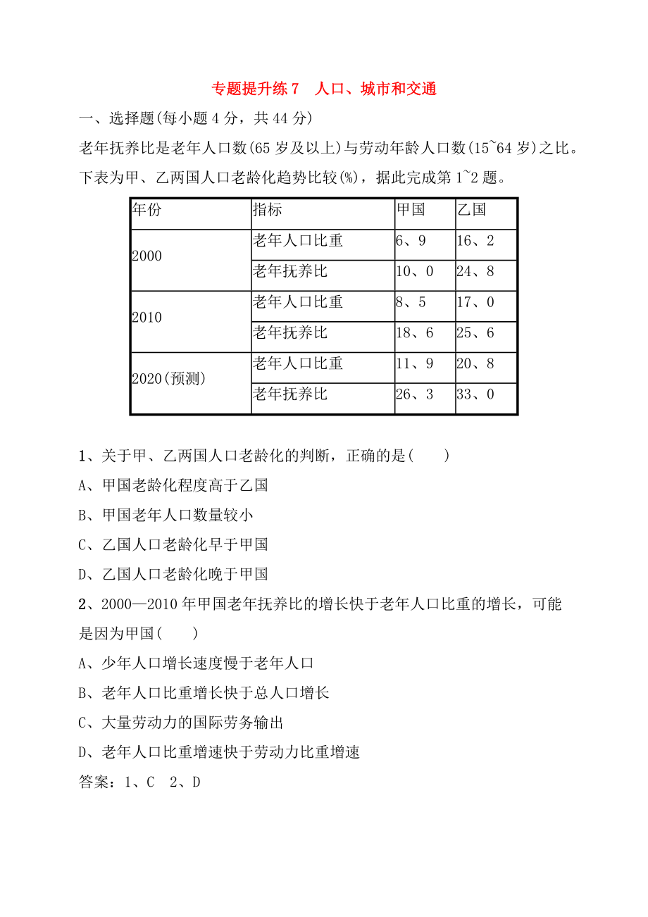 專題提升練測試練習題人口、城市和交通_第1頁