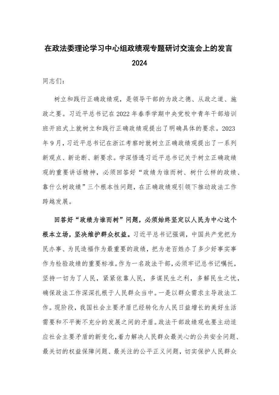 在政法委理论学习中心组政绩观专题研讨交流会上的发言2024_第1页