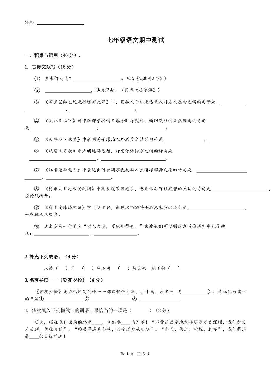 2024-2025七年级期中考试卷(自编卷)_第1页