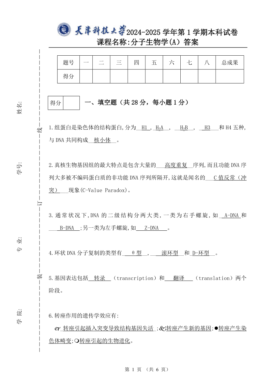 2024-2025-上-分子生物学试题A-答案_第1页