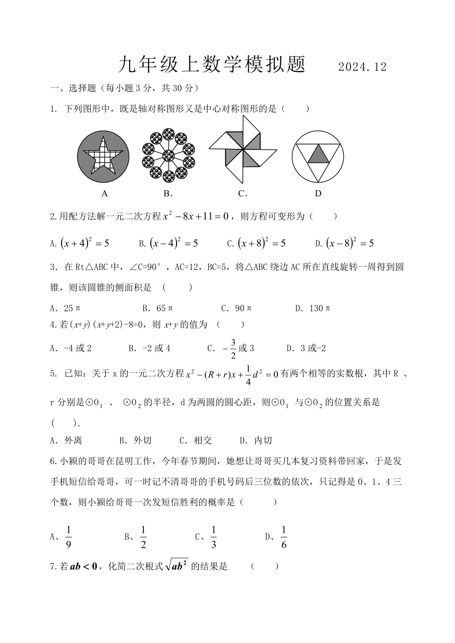 2024-2025九年级上数学期末考试题_第1页