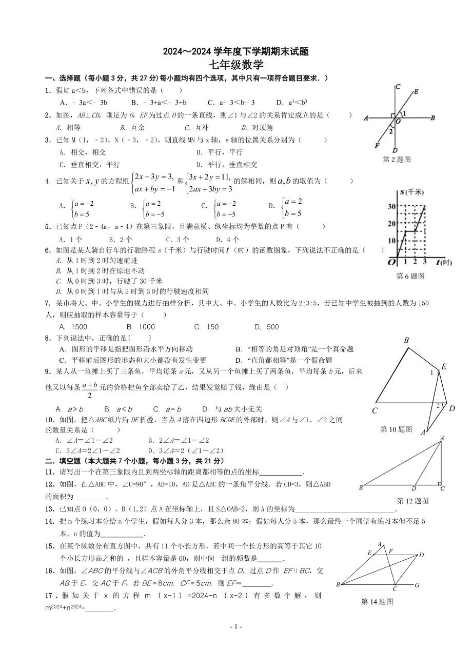 2024-2025七年级下册数学期末试题_第1页