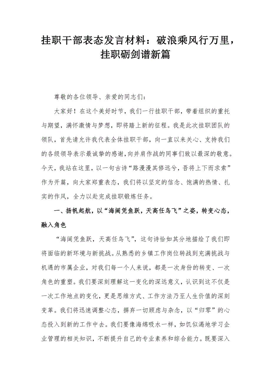 挂职干部表态发言材料：破浪乘风行万里挂职砺剑谱新篇_第1页