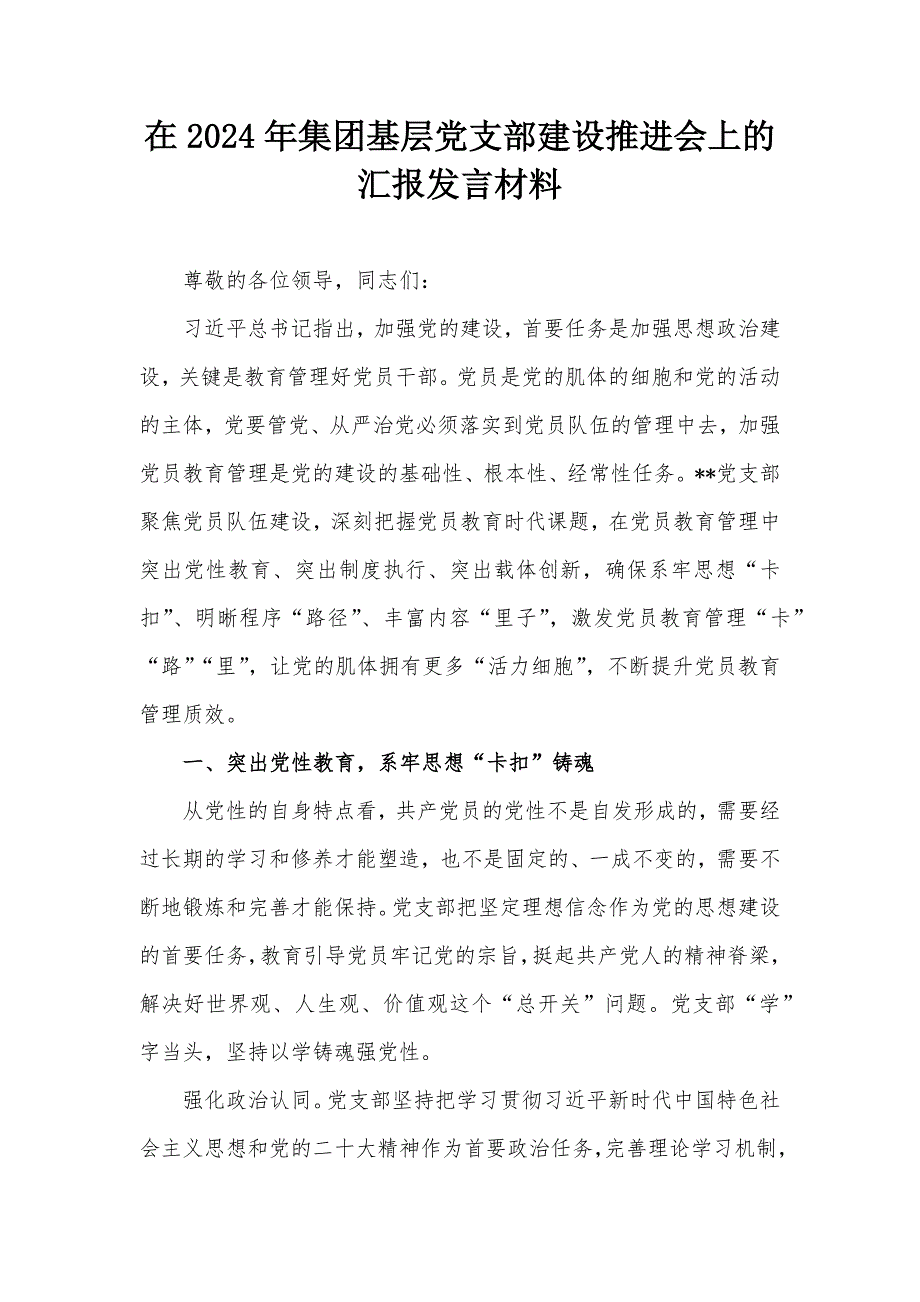 在2024年集团基层党支部建设推进会上的汇报发言材料_第1页