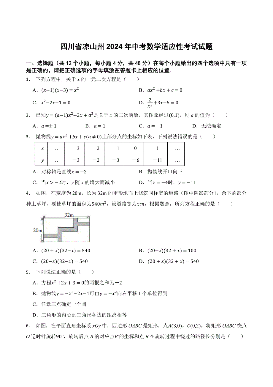 四川省凉山州2024年中考数学适应性考试试题[含答案]_第1页