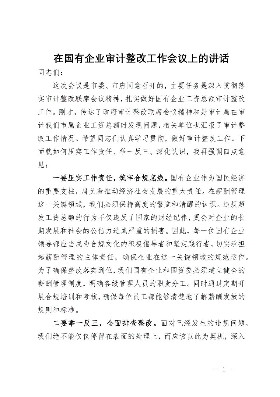 在国有企业审计整改工作会议上的讲话_第1页