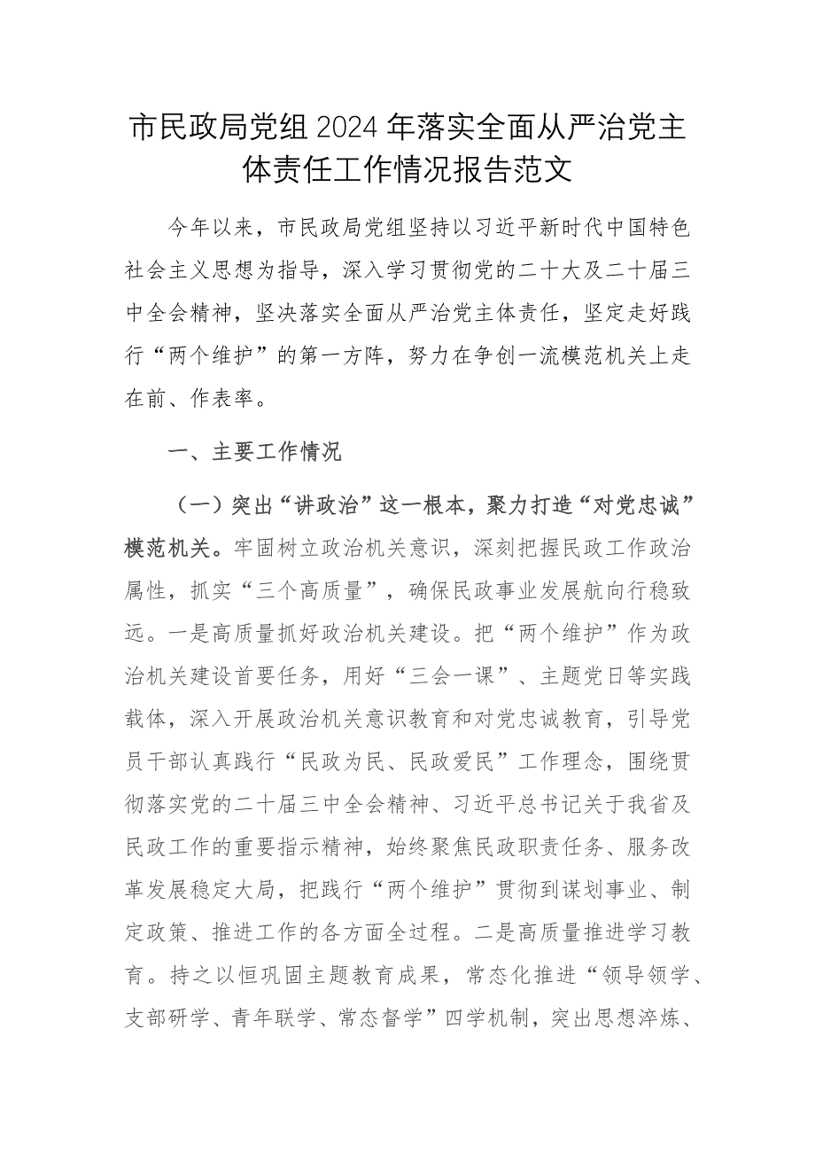 民政黨組2024年落實全面從嚴治黨主體責任工作情況報告范文_第1頁