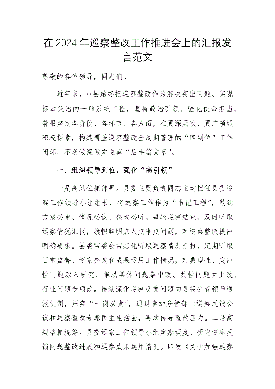 在2024年巡察整改工作推進會上的匯報發(fā)言范文_第1頁