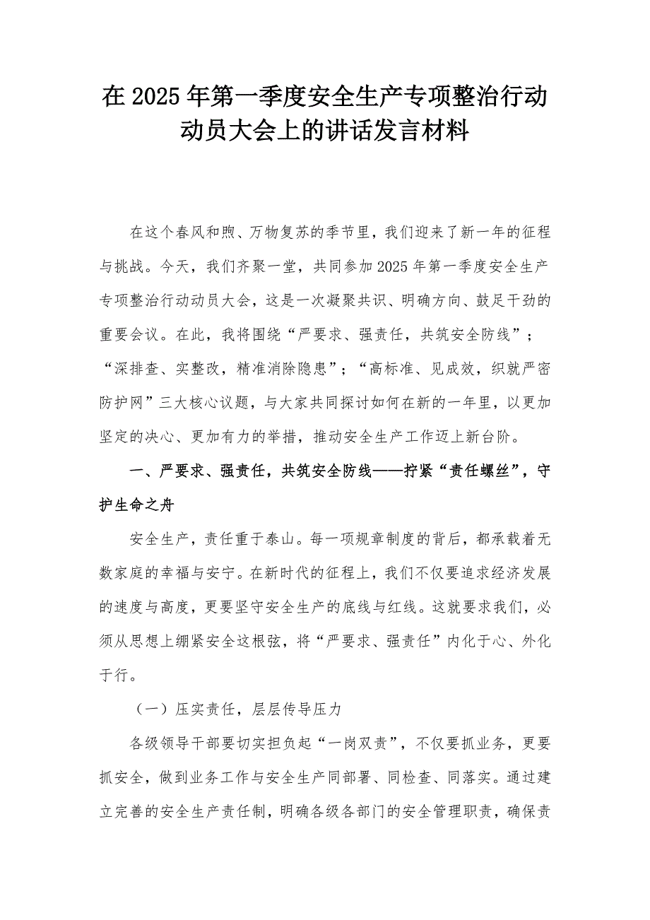 在2025年第一季度安全生产专项整治行动动员大会上的讲话发言材料_第1页