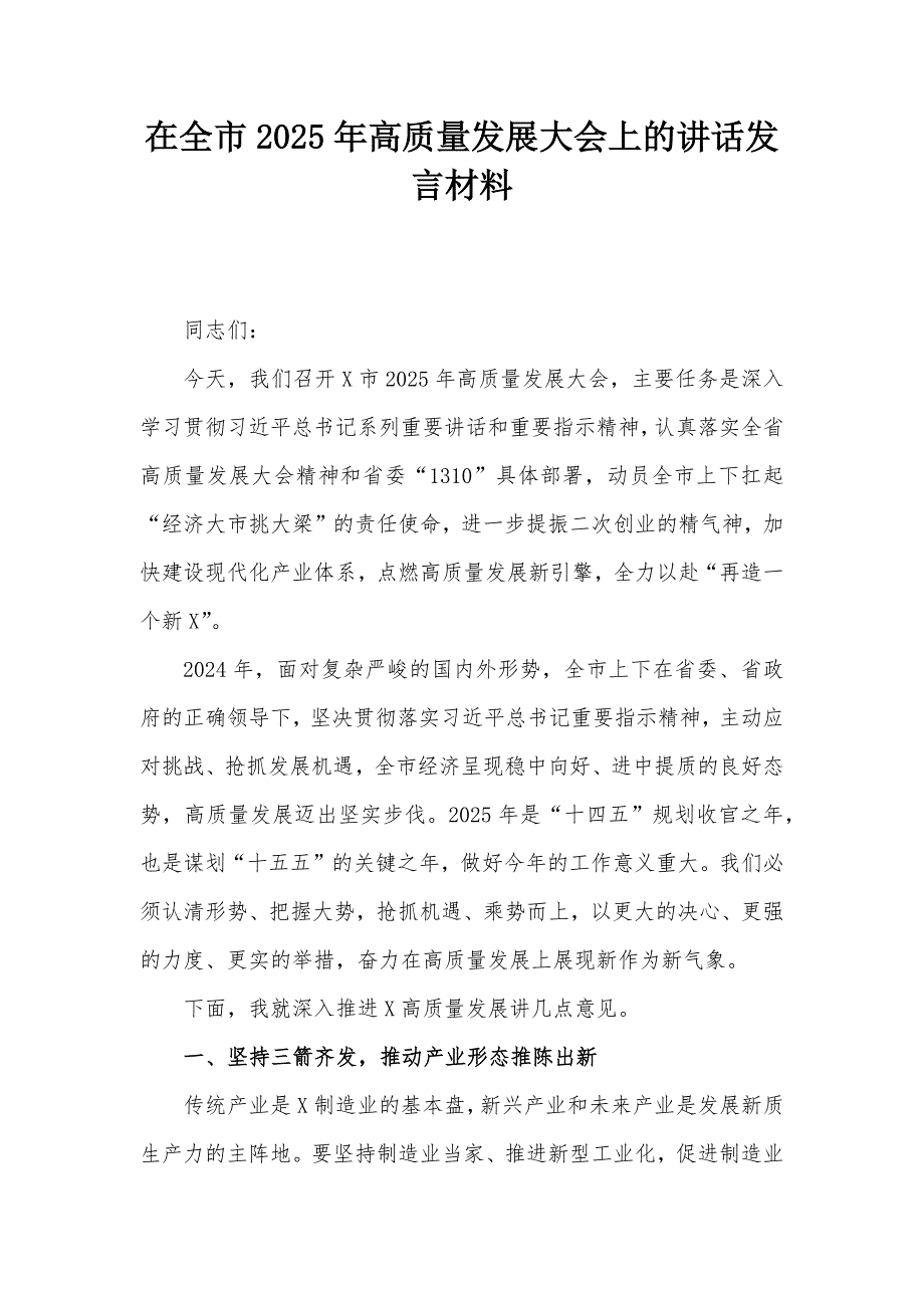 在全市2025年高质量发展大会上的讲话发言材料_第1页