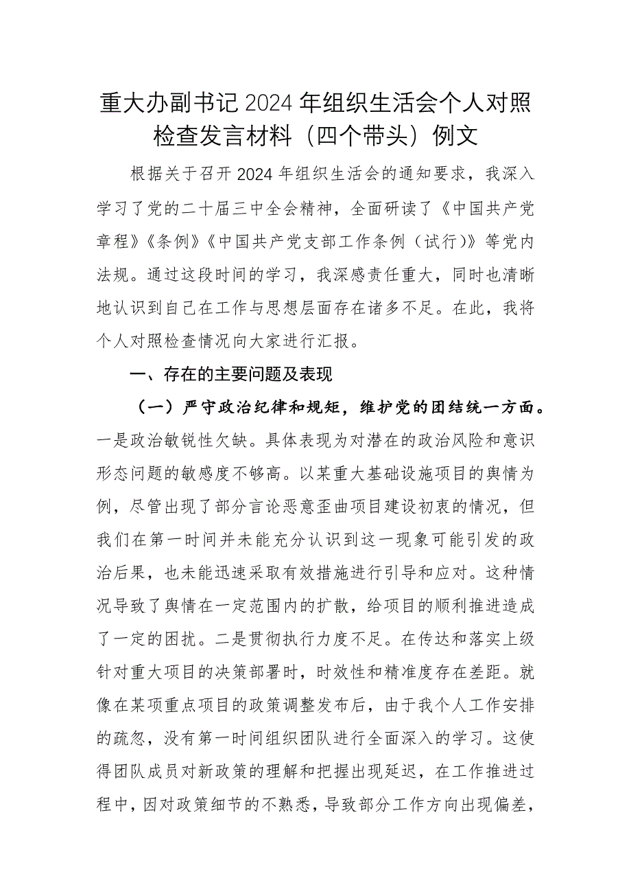 重大辦副書記2024年組織生活會個人對照檢查發(fā)言材料（四個帶頭）例文_第1頁