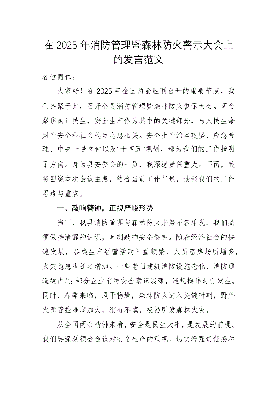 在2025年消防管理暨森林防火警示大会上的发言范文_第1页