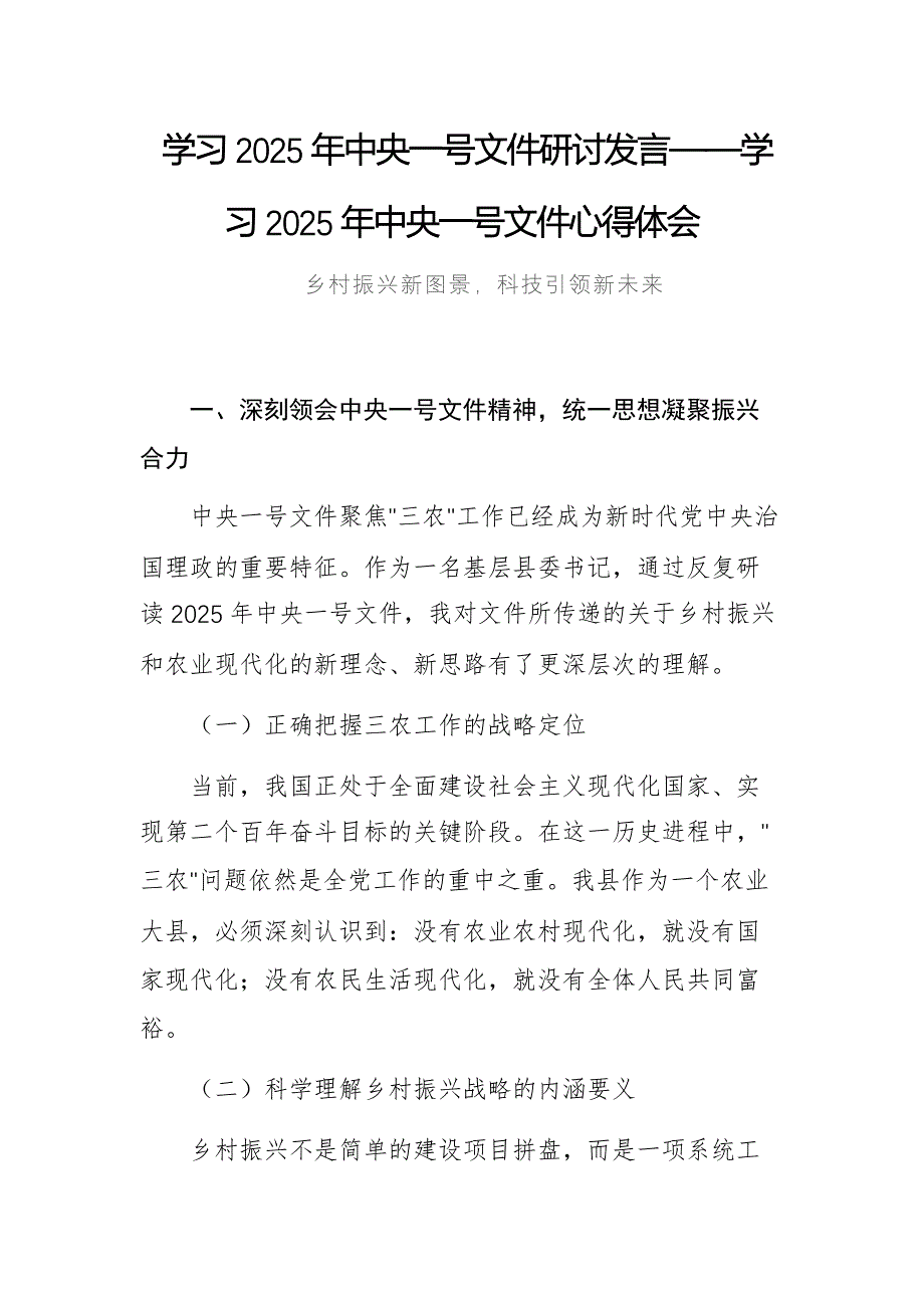 学习2025年一号文件研讨发言——学习2025年一号文件心得体会_第1页