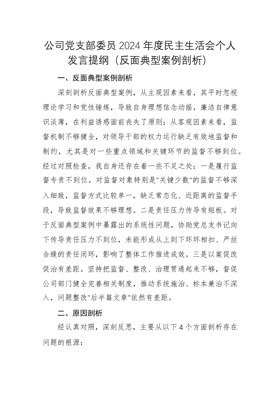 公司黨支部委員2024年度民主生活會(huì)個(gè)人發(fā)言提綱（反面典型案例剖析）_第1頁