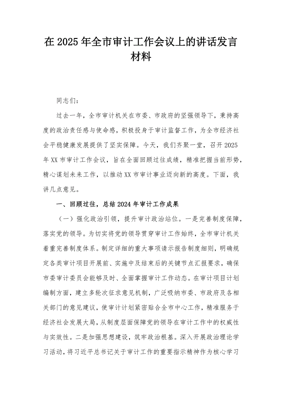 在2025年全市审计工作会议上的讲话发言材料_第1页