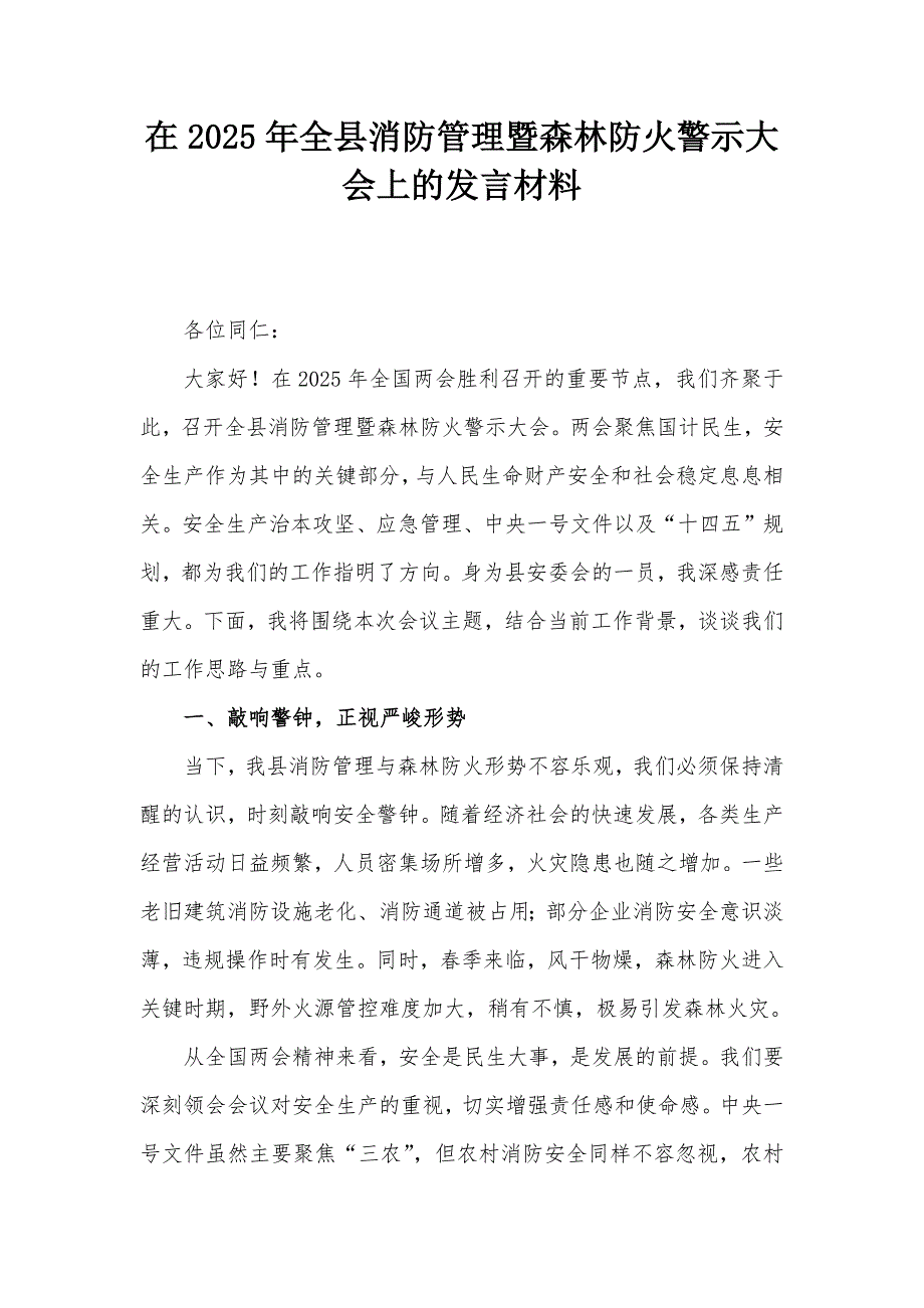 在2025年全县消防管理暨森林防火警示大会上的发言材料_第1页