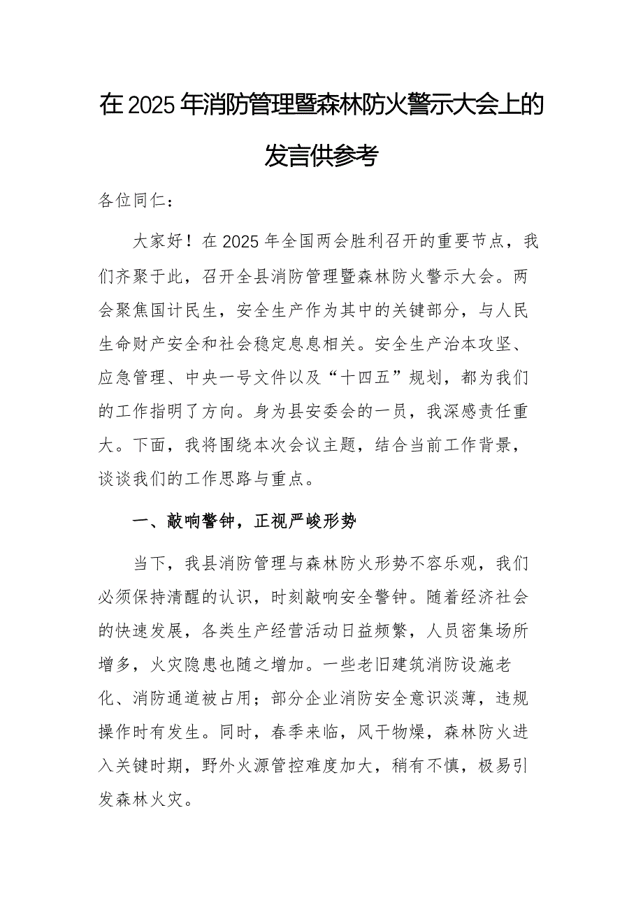 在2025年消防管理暨森林防火警示大会上的发言供参考_第1页