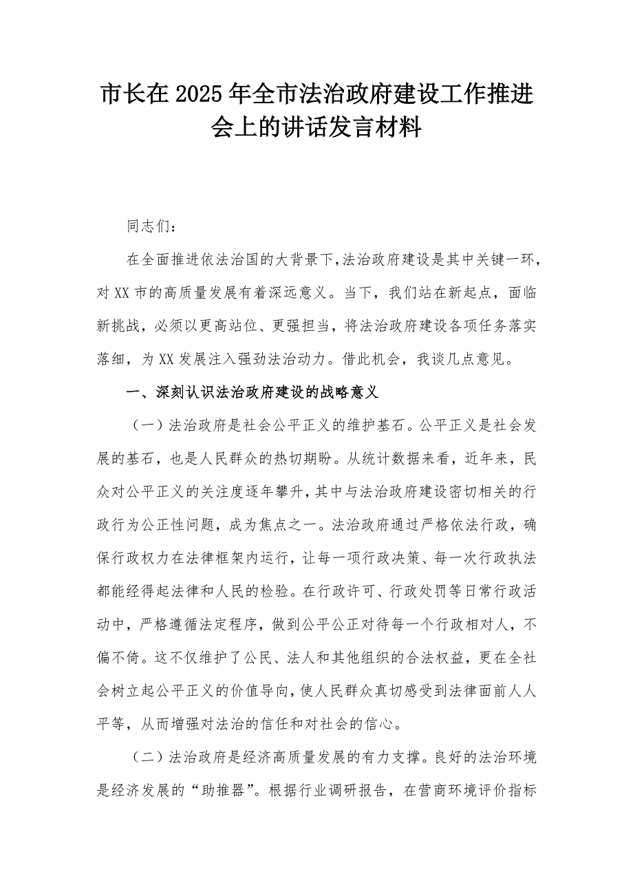 市长在2025年全市法治政府建设工作推进会上的讲话发言材料_第1页