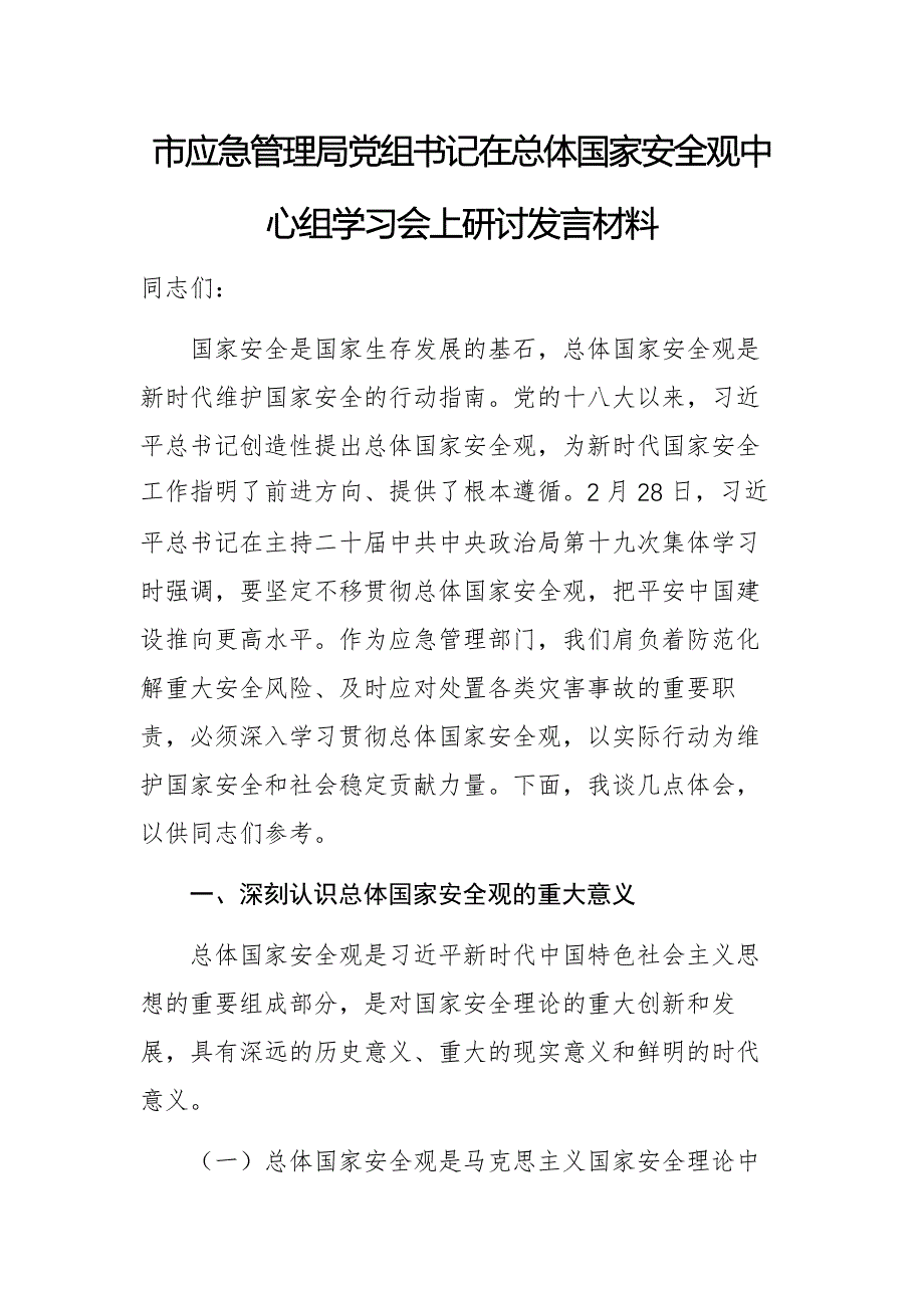 应急管理部门党组书记在总体国家安全观中心组学习会上研讨发言材料_第1页