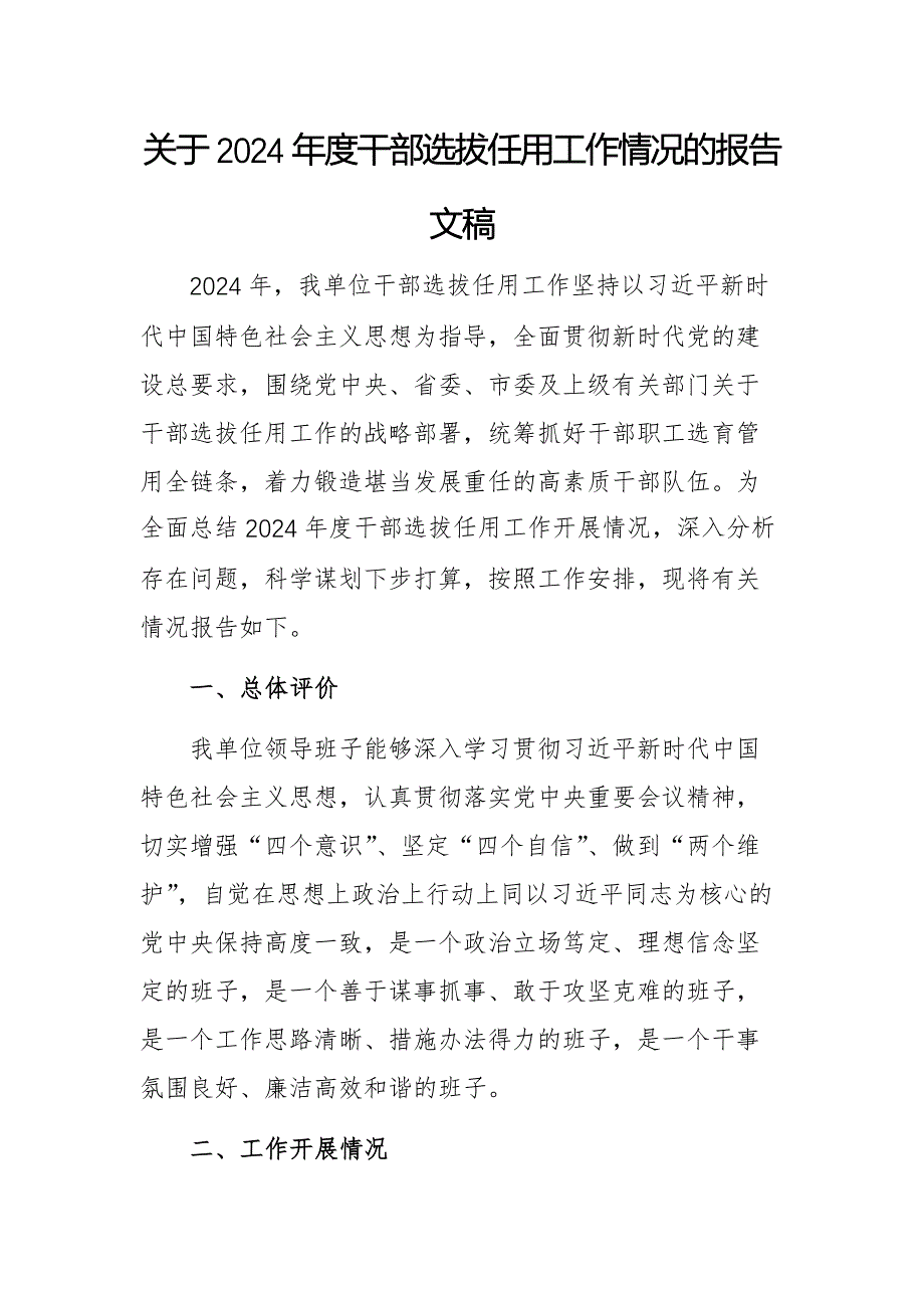 關(guān)于2024年度干部選拔任用工作情況的報(bào)告文稿_第1頁