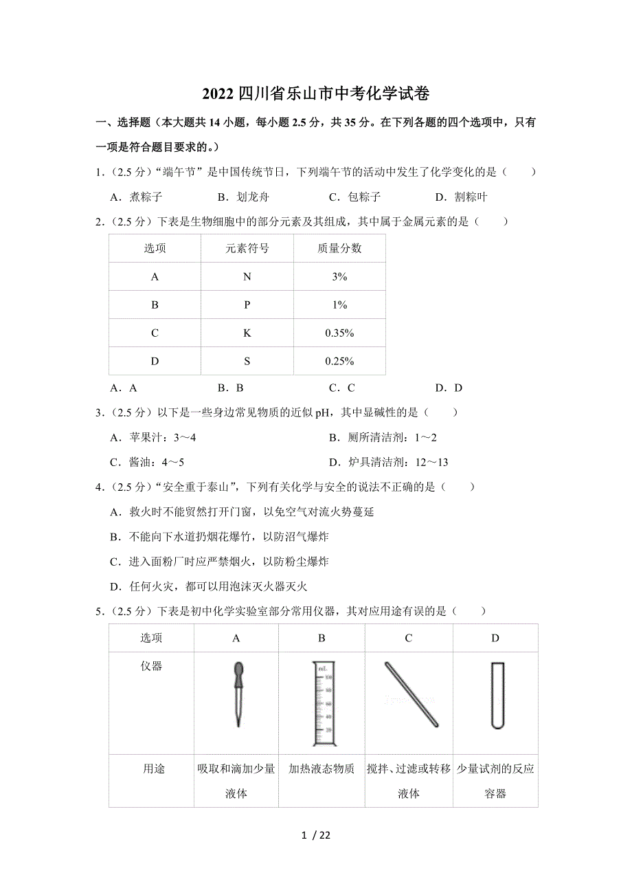 2022四川省樂山市中考化學(xué)試卷_第1頁